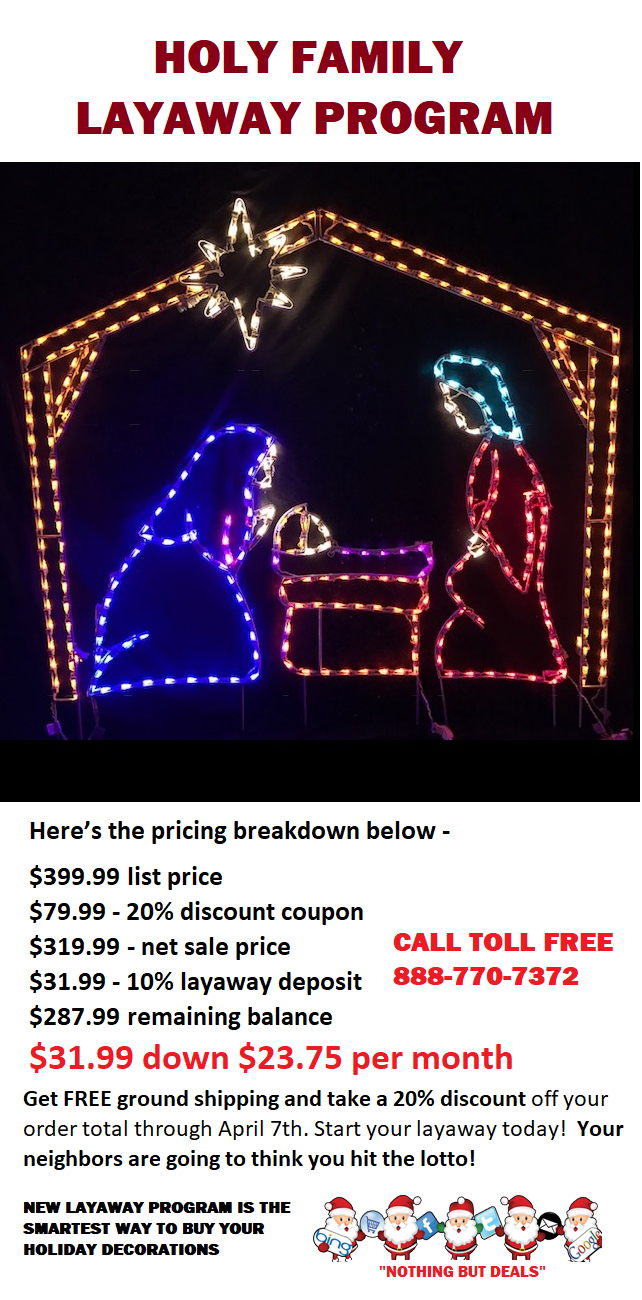 Own This Outdoor LED Nativity Manger with Holy Family for Only $32 down and $24 Per Month, It Makes Sense to Order in March